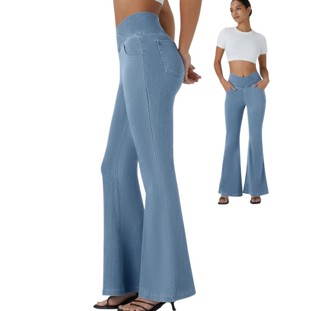 HALARA‎ Magic Denim High Waist Crossover Flare Jeans Light Wash XL NWOT